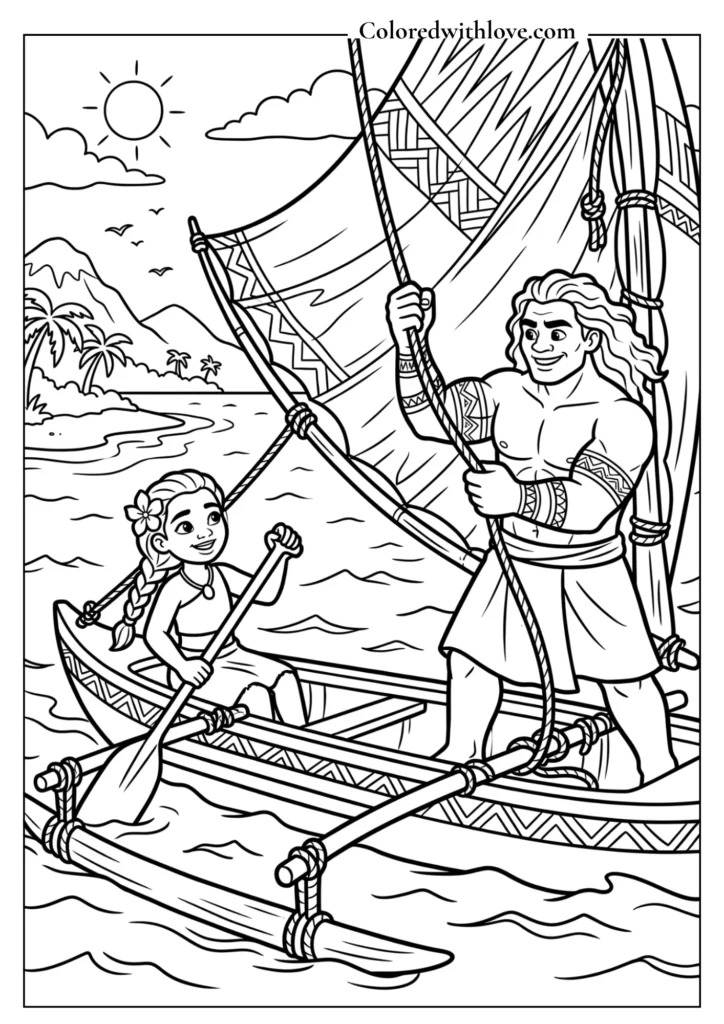 Maui and Moana sailing their outrigger canoe across the ocean - free coloring sheet