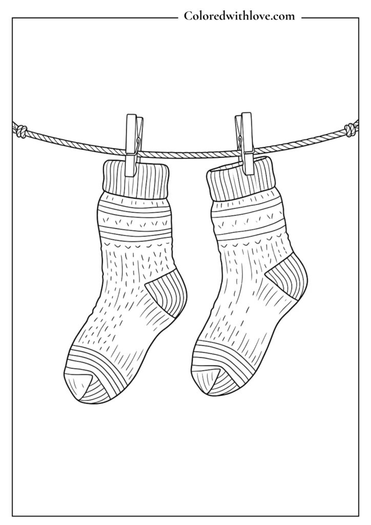 Two cozy wool socks hanging on a clothesline with clips minimalist coloring page.