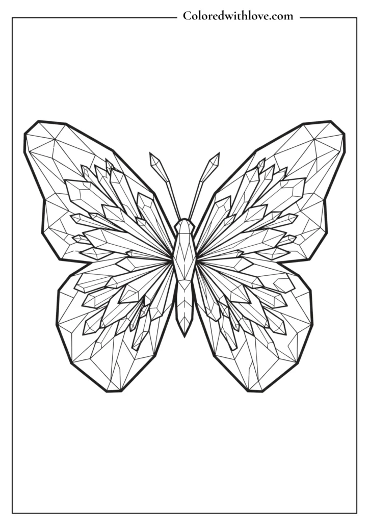 Abstract low-poly geometric butterfly with sharp crystalline wing patterns, modern coloring sheet.