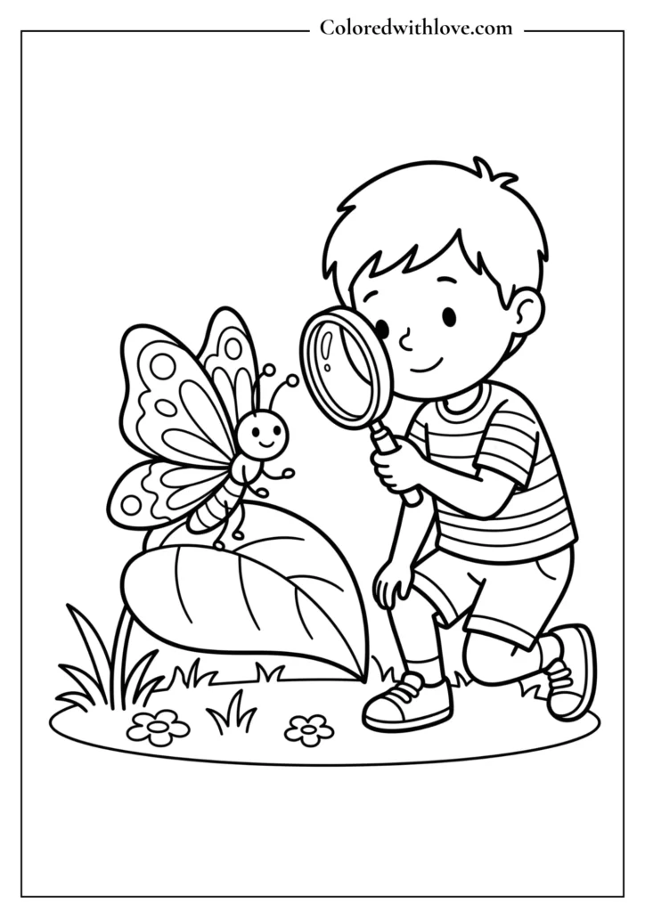 Cartoon boy with a magnifying glass examining a butterfly on a leaf, kids science coloring sheet.
