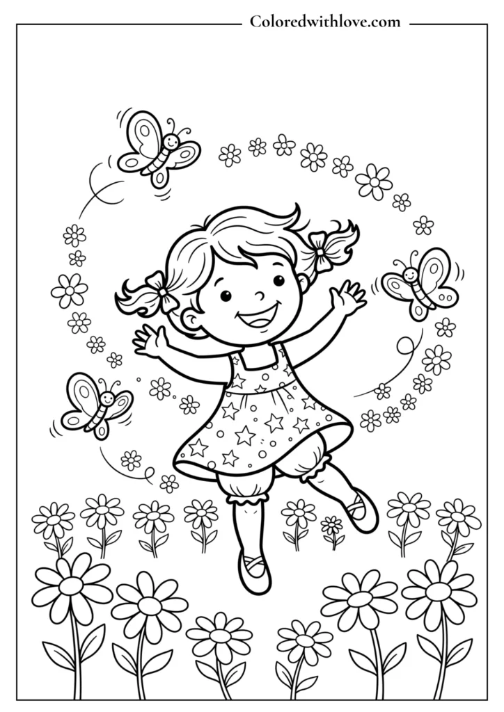 Happy girl dancing in a field of daisies with cartoon butterflies, easy child coloring sheet.