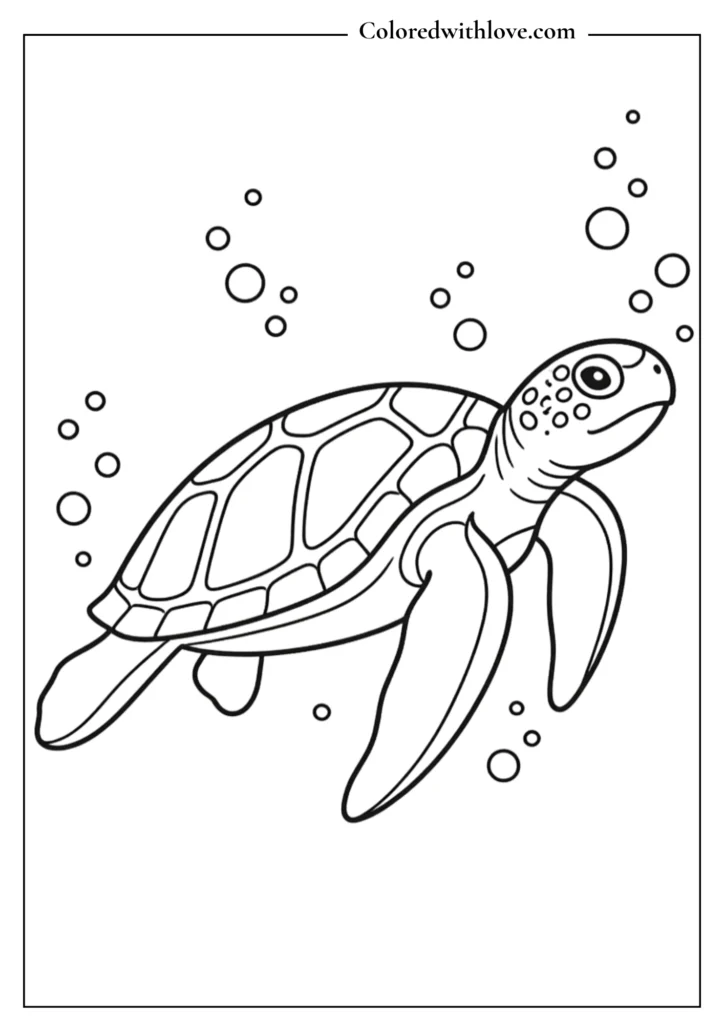 Minimalist coloring page of a gentle sea turtle gliding through calm ocean currents.