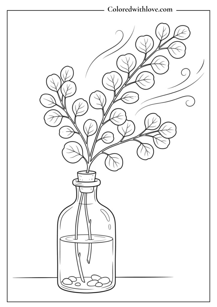 Elegant eucalyptus branch in a glass bottle minimalist coloring page with clean outlines.
