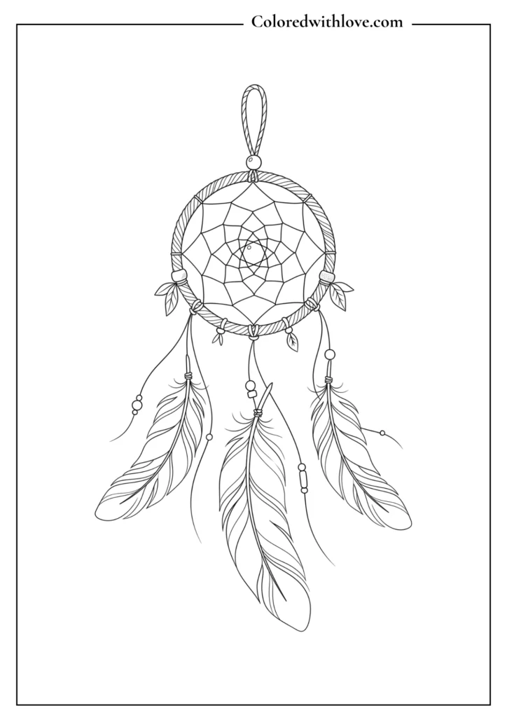 Bohemian dreamcatcher with soft hanging feathers minimalist coloring page.