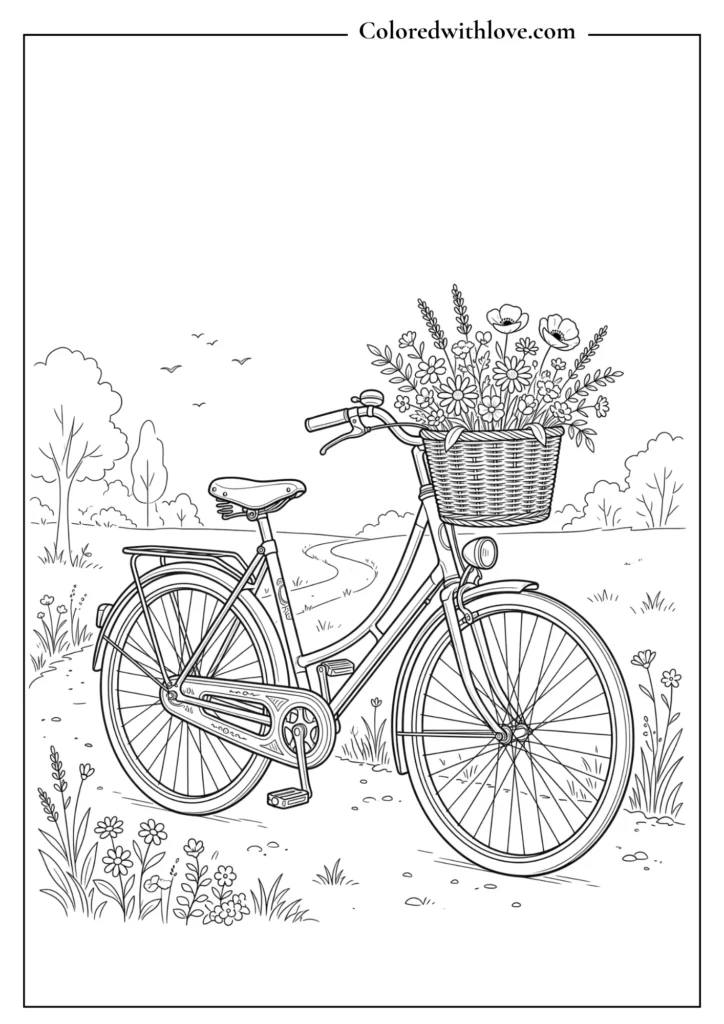 Vintage bicycle with a basket of fresh wildflowers minimalist coloring page.