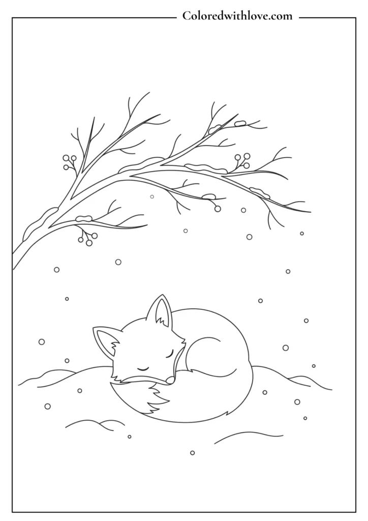 Cozy sleeping fox curled up under a simple bare branch minimalist coloring page.