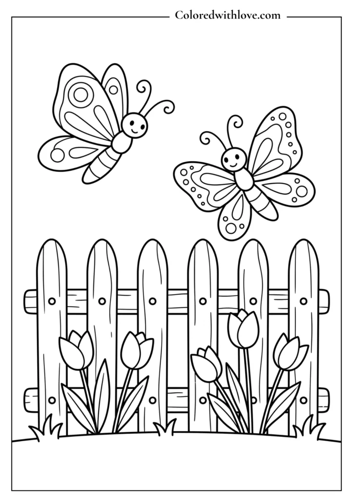 Two simple cartoon butterflies over a garden fence, easy kids butterfly coloring sheet.