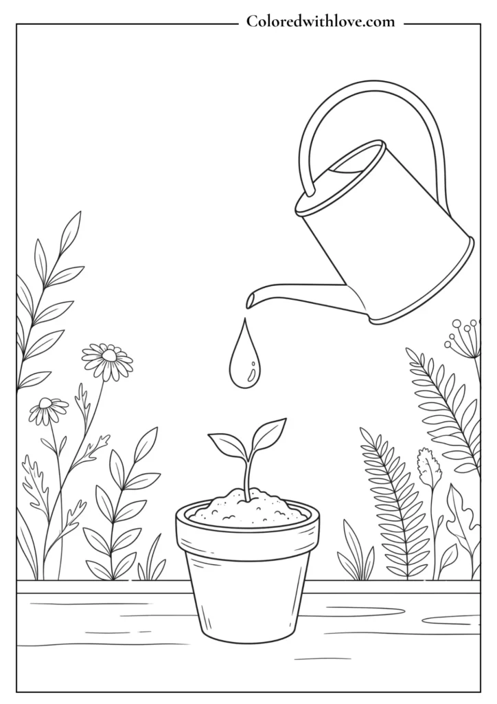 Simple watering can pouring a droplet onto a tiny green sprout minimalist coloring page.