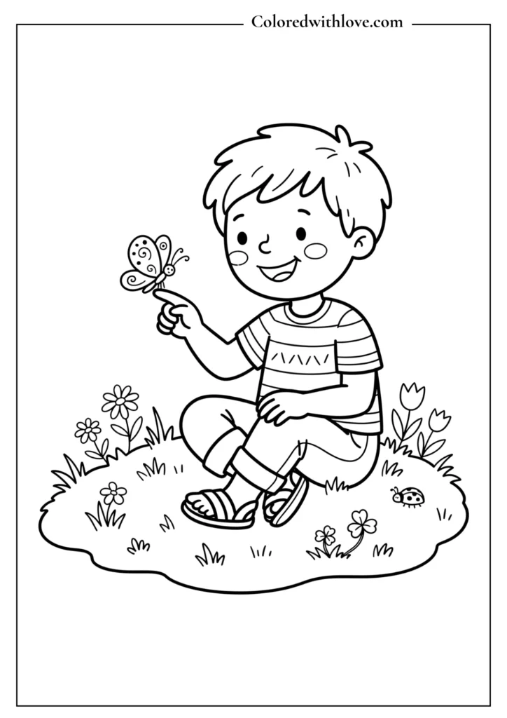Young child sitting on the grass holding a butterfly on their finger, easy kids coloring page.