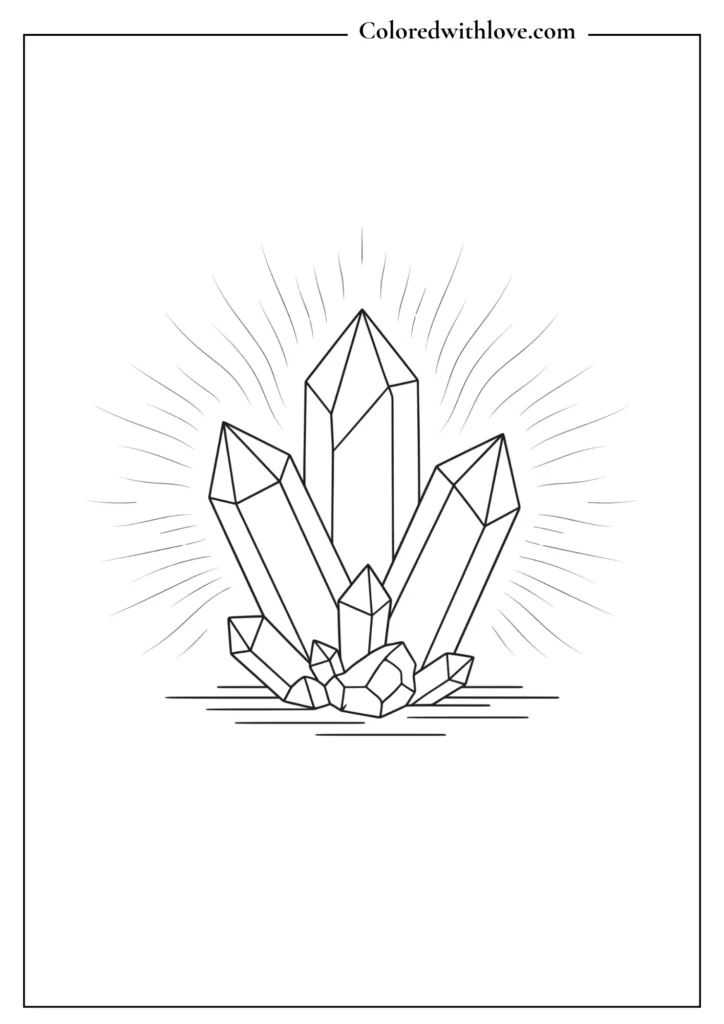 Zen healing crystal cluster with simple geometric facets minimalist coloring page.