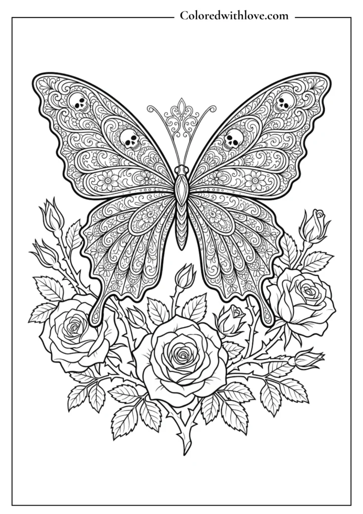 Gothic lace butterfly resting on a cluster of thorny roses, intricate coloring sheet for adults.