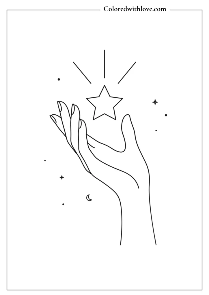 Elegant hand holding a single glowing star minimalist coloring page in clean line art.