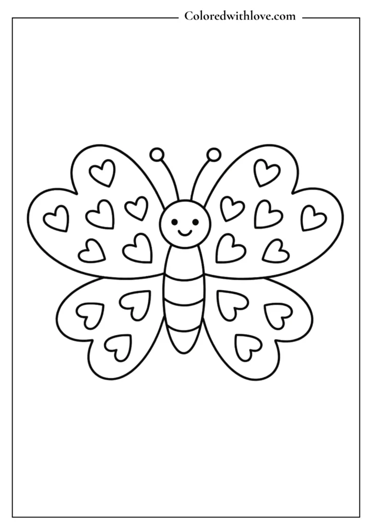 Minimalist butterfly coloring sheet with simple heart-shaped wings and bold outlines.