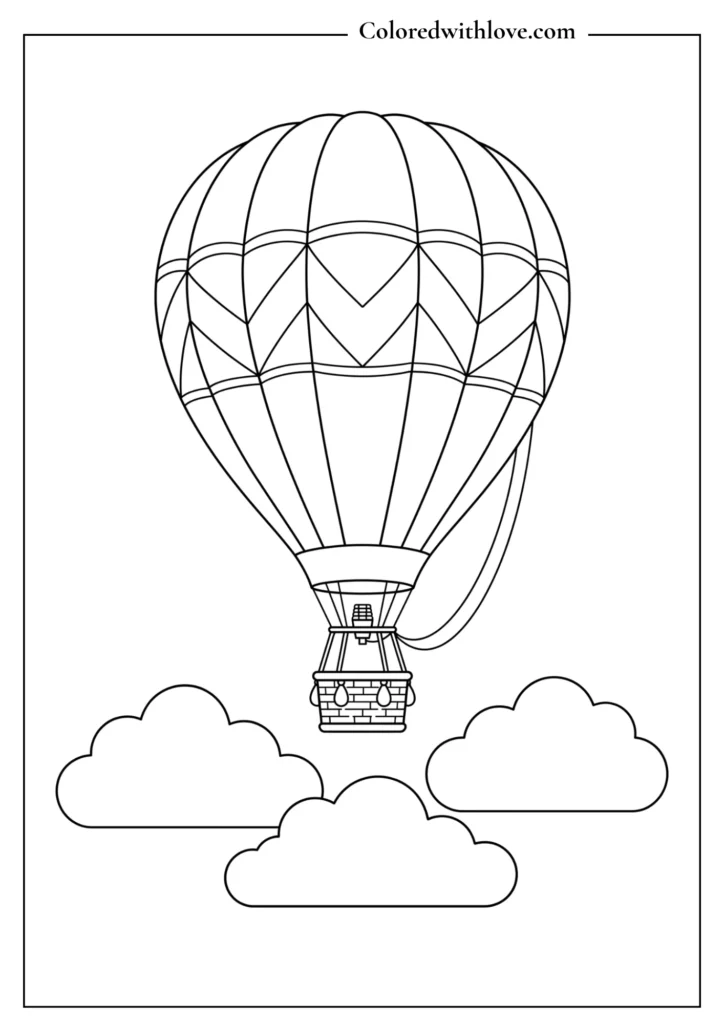 Simple hot air balloon drifting slowly above fluffy clouds minimalist coloring page.