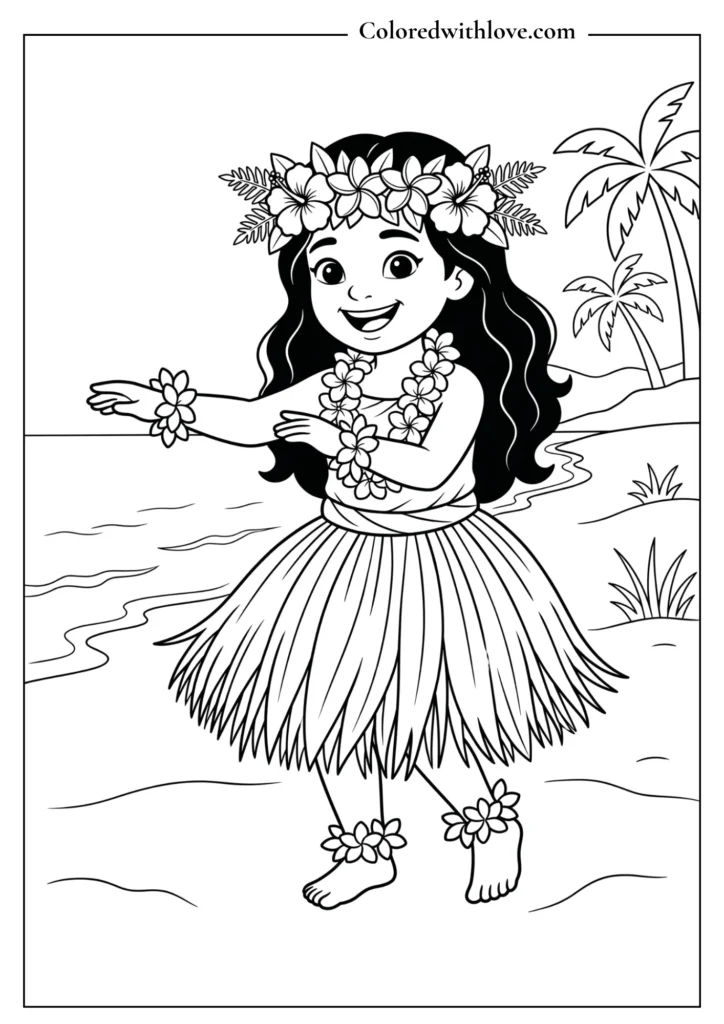 Young Moana hula dancing in a grass skirt - fun printable coloring sheet for kids