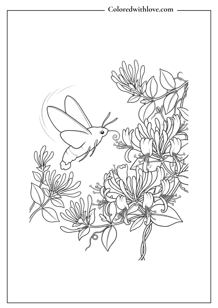 Detailed hummingbird hawk-moth hovering near honeysuckle flowers, realistic butterfly coloring page.
