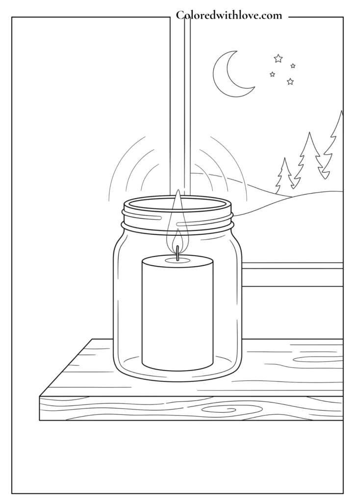 Lit candle in a simple glass jar casting a soft glow minimalist coloring page.