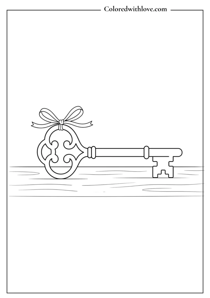 Simple vintage key with a delicate ribbon tied to the loop minimalist coloring page.