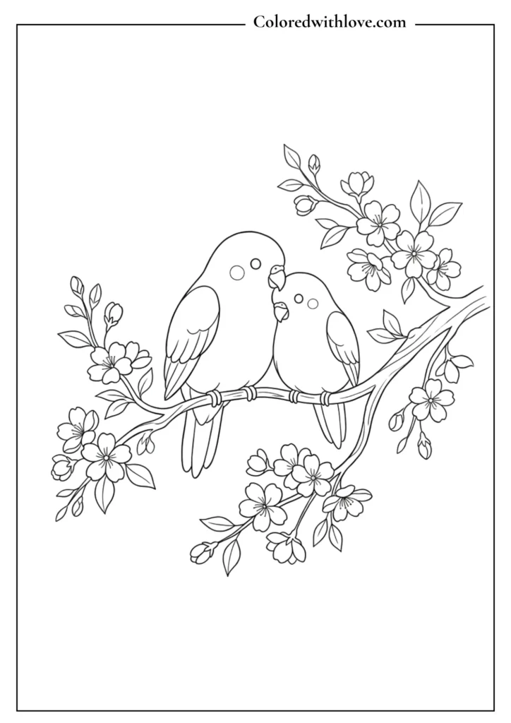 Two lovebirds sitting close together on a blossom branch minimalist coloring page.