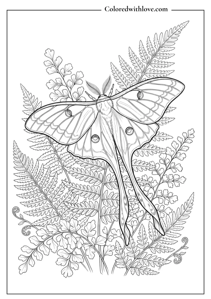 Intricate luna moth resting among wild ferns, detailed butterfly and nature coloring page.