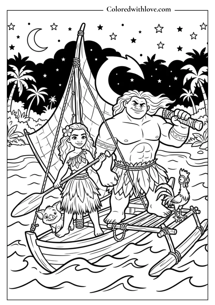 Moana, Maui, Pua, and Heihei sailing at night under the moon - group coloring page