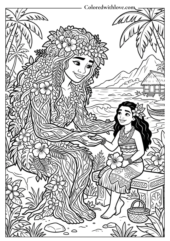 Beautiful coloring page of Moana sitting and holding hands with the nature Te Fiti