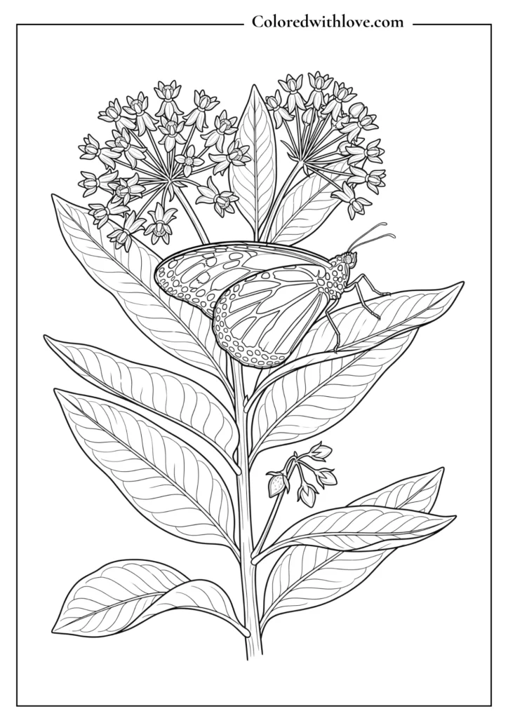 Detailed monarch butterfly on a milkweed plant with leaves, realistic nature coloring page.