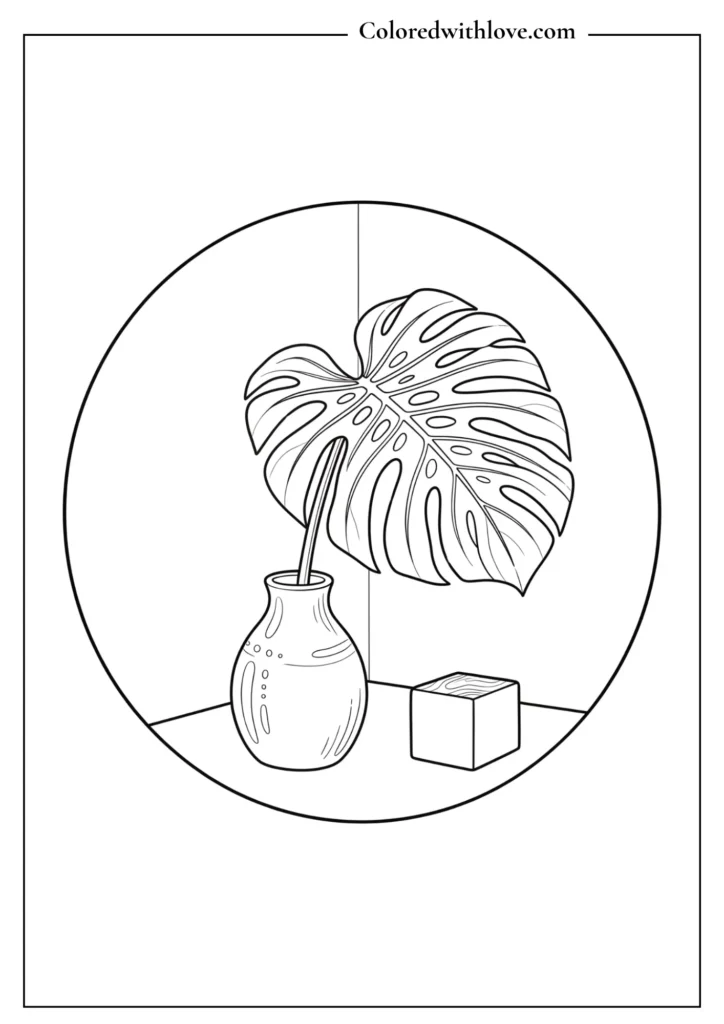 Minimalist coloring page of a single Monstera leaf in a ceramic vase on a white background.