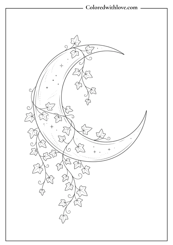Large crescent moon cradling a delicate ivy vine minimalist coloring page.