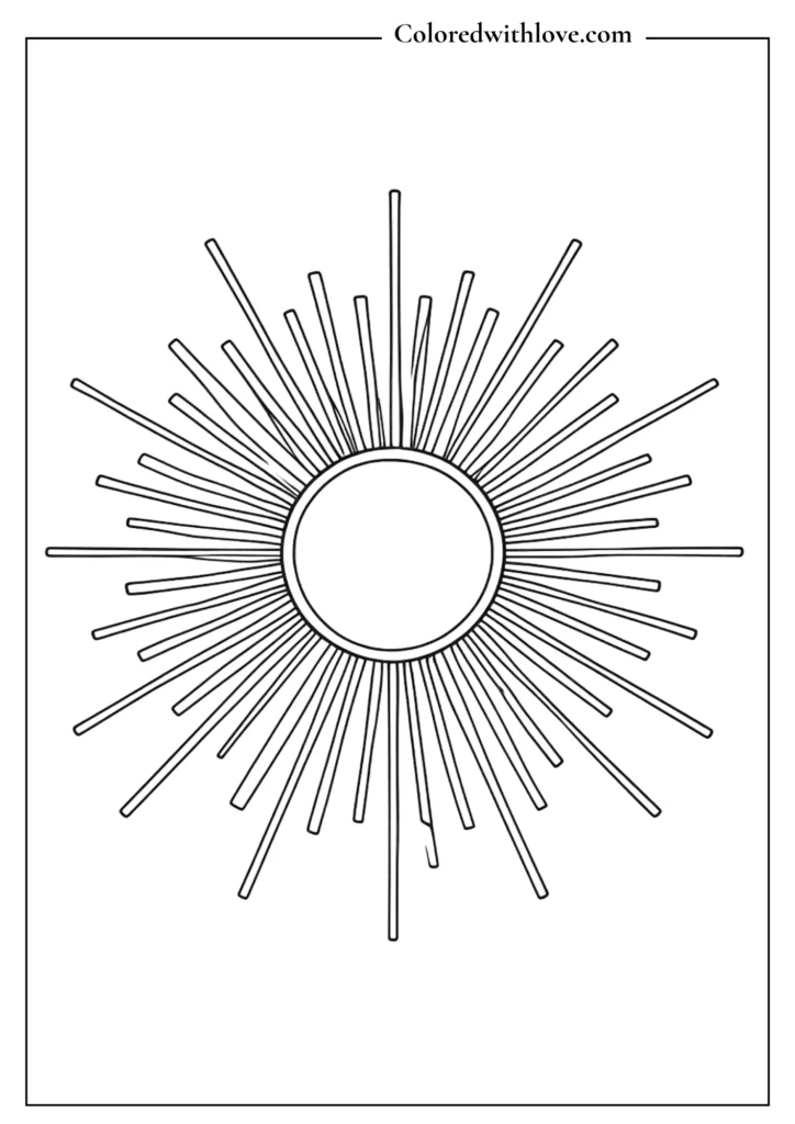 Symmetrical minimalist sunburst in a simple circular frame coloring page.