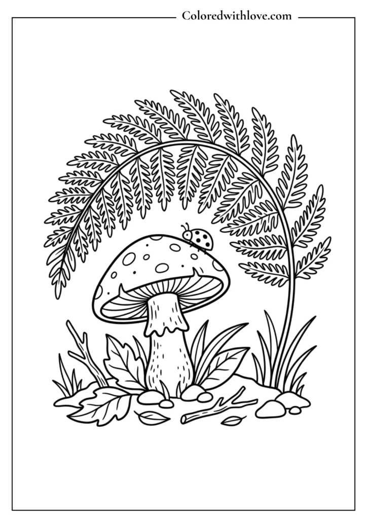Whimsical forest mushroom sheltered under a wide fern leaf minimalist coloring page.