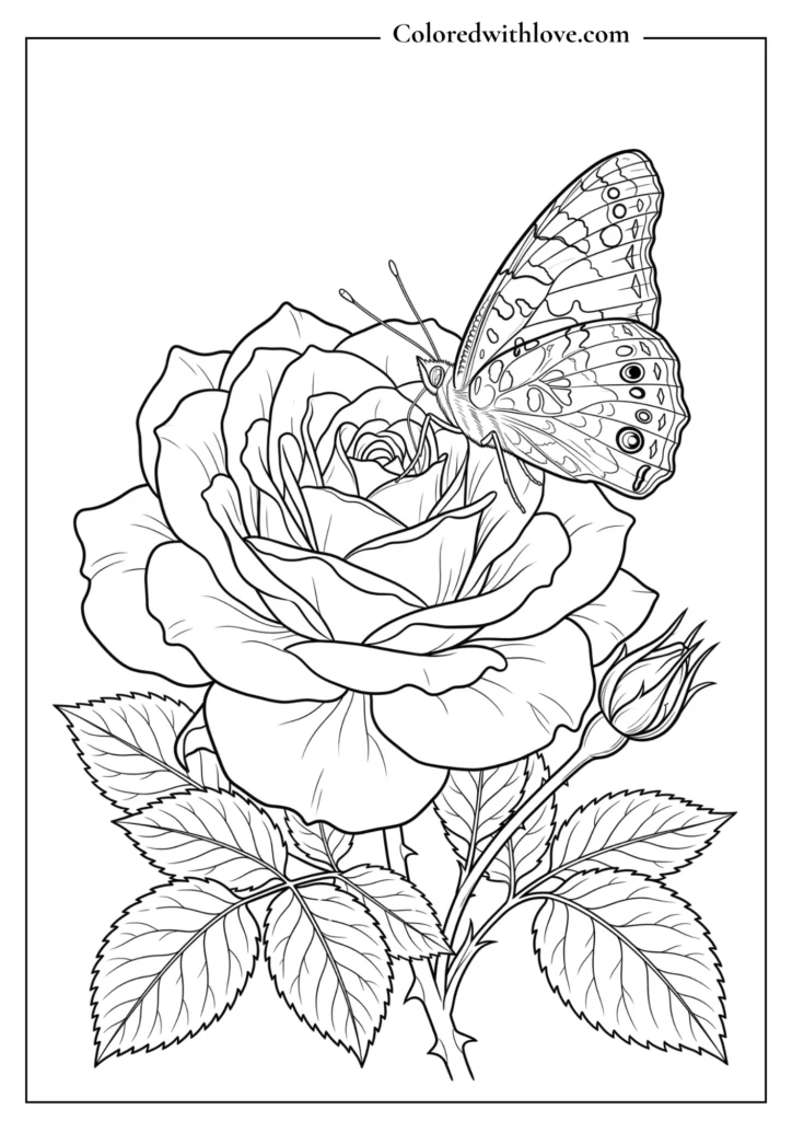 Realistic painted lady butterfly resting on a blooming rose flower, detailed botanical coloring page.