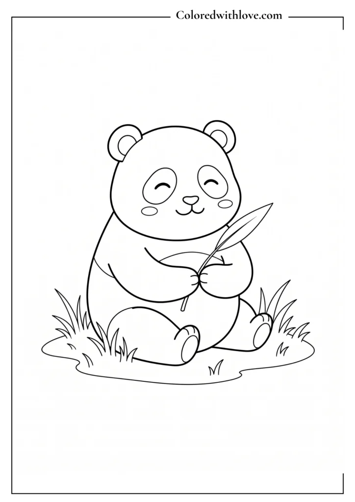 Cute panda sitting in grass and holding a single bamboo leaf minimalist coloring page.