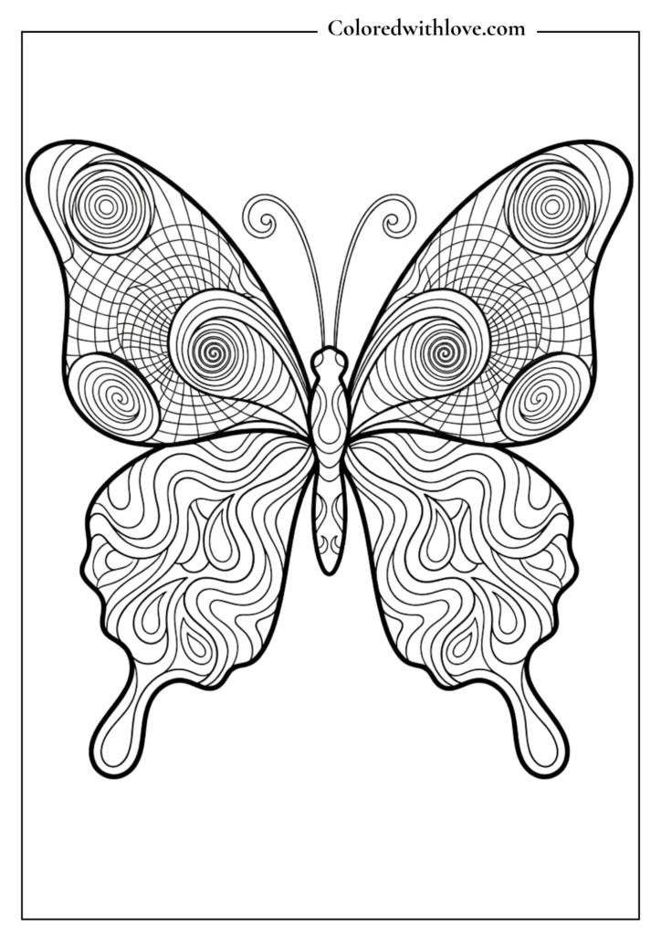 Stylized butterfly with optical illusion swirl wing patterns, trippy adult coloring page.
