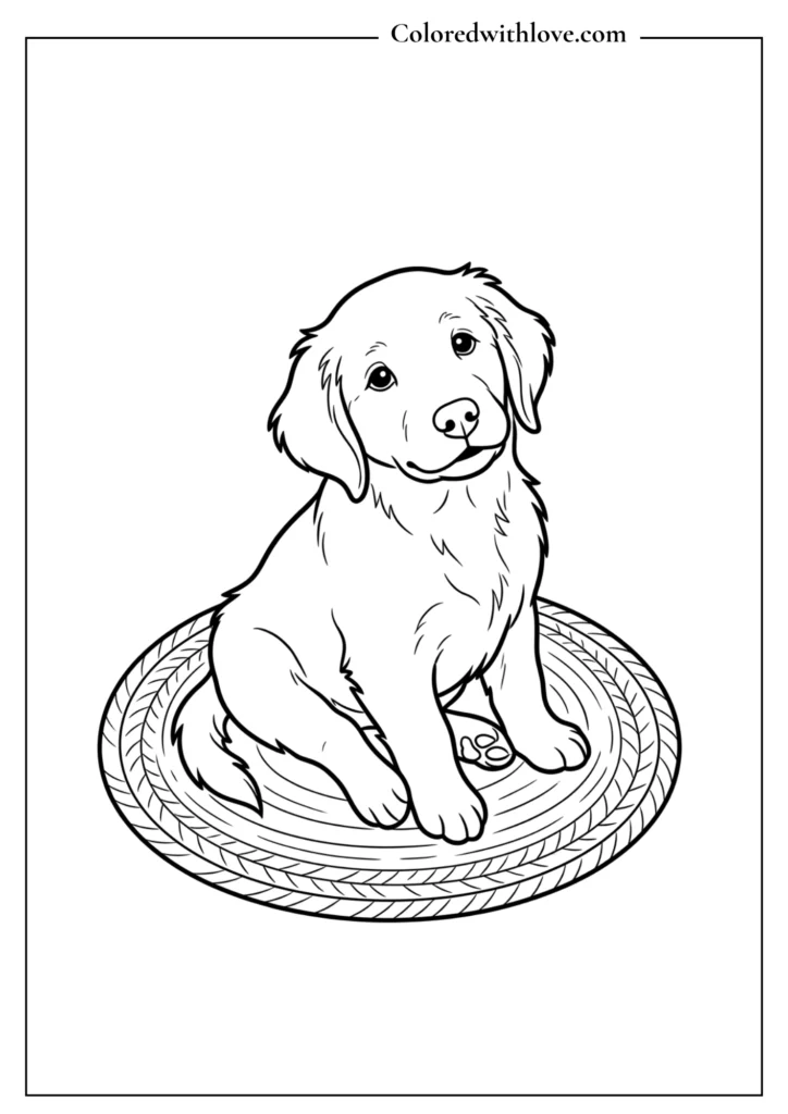 Simple outline of a golden retriever puppy sitting contentedly minimalist coloring page.