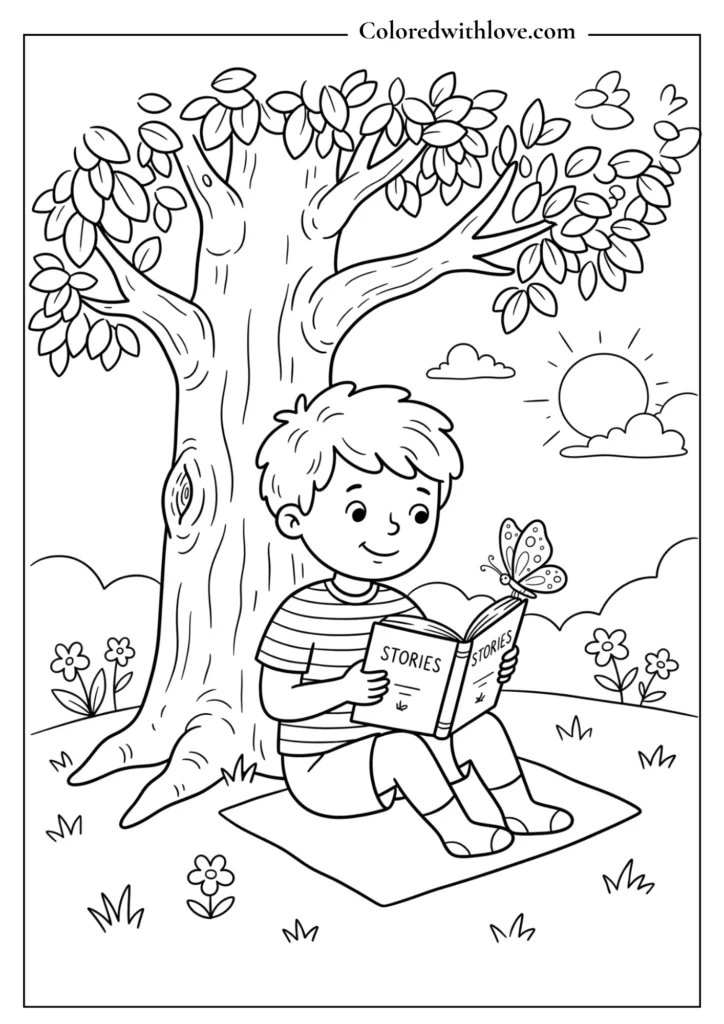 Boy reading a book under a cozy tree with a butterfly on the page, cute kids coloring page.
