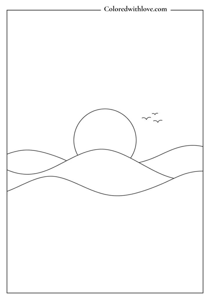 Minimalist landscape coloring page of three soft rolling hills and a setting sun.