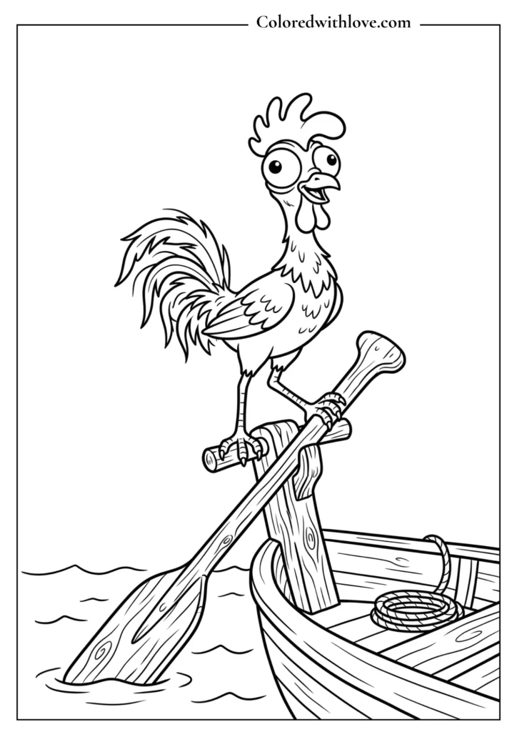 Funny Heihei the rooster balancing on a boat paddle - hilarious Moana coloring page