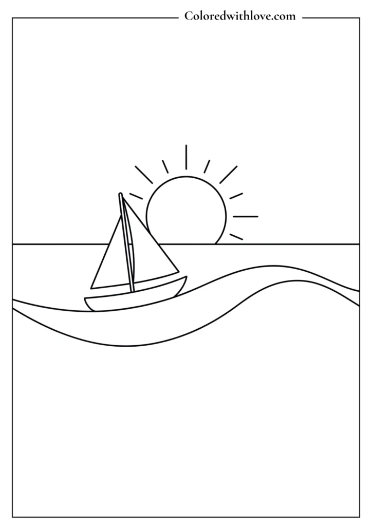 Minimalist coloring page of a tiny sailboat gliding on a gentle ocean wave.