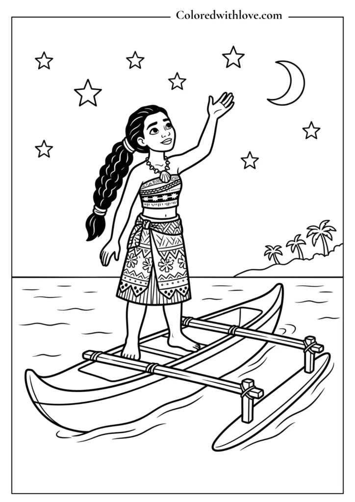 Moana standing on her outrigger canoe reaching for the stars - printable coloring sheet