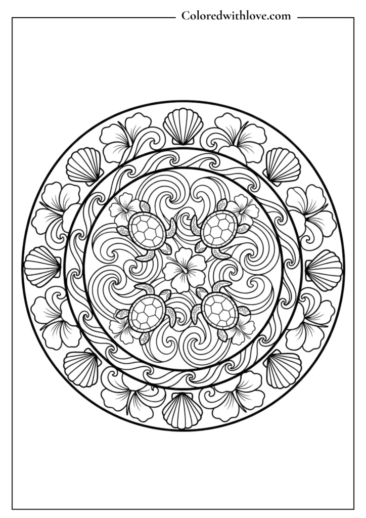 Detailed Moana-inspired mandala coloring page with sea turtles and hibiscus flowers