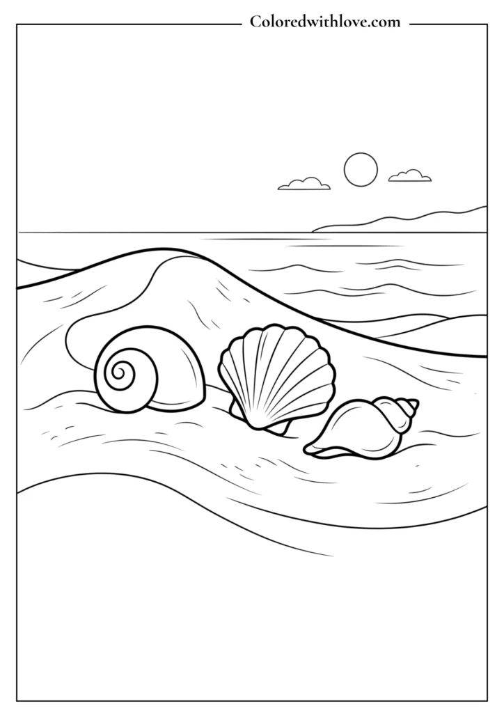 Minimalist coloring page of three smooth stylized seashells resting on a sand dune.