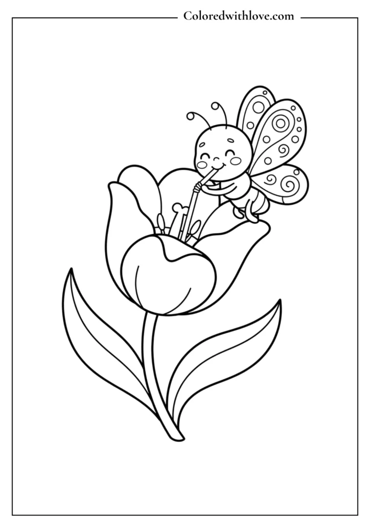 Cute baby butterfly drinking nectar from a tulip flower, simple kids coloring template.