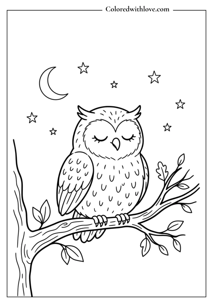 Sleepy owl perched on a branch under a starry night sky minimalist coloring page.