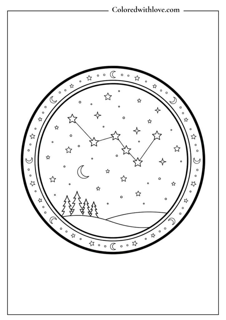 Starry constellation in a simple circular frame minimalist coloring page.