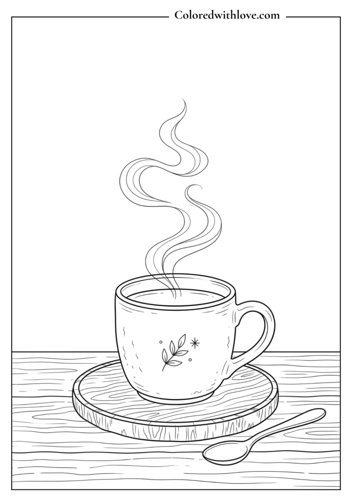 Cozy steaming mug of tea on a simple wooden saucer minimalist coloring page.