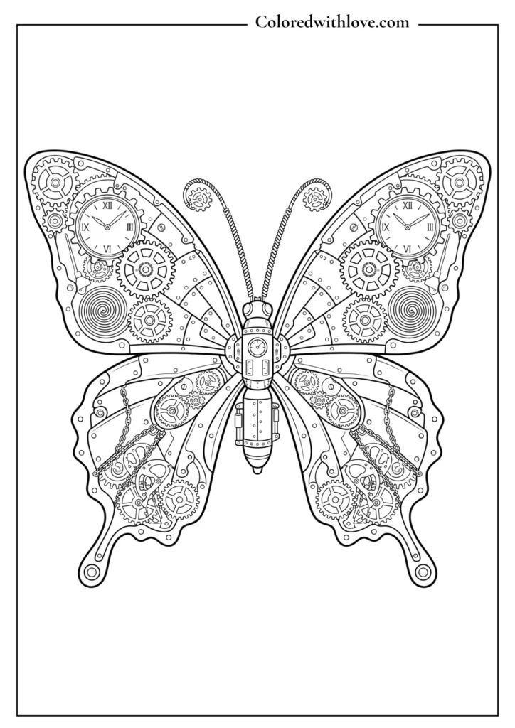 Steampunk style butterfly with intricate gears, cogs, and clockwork wings, adult coloring page.