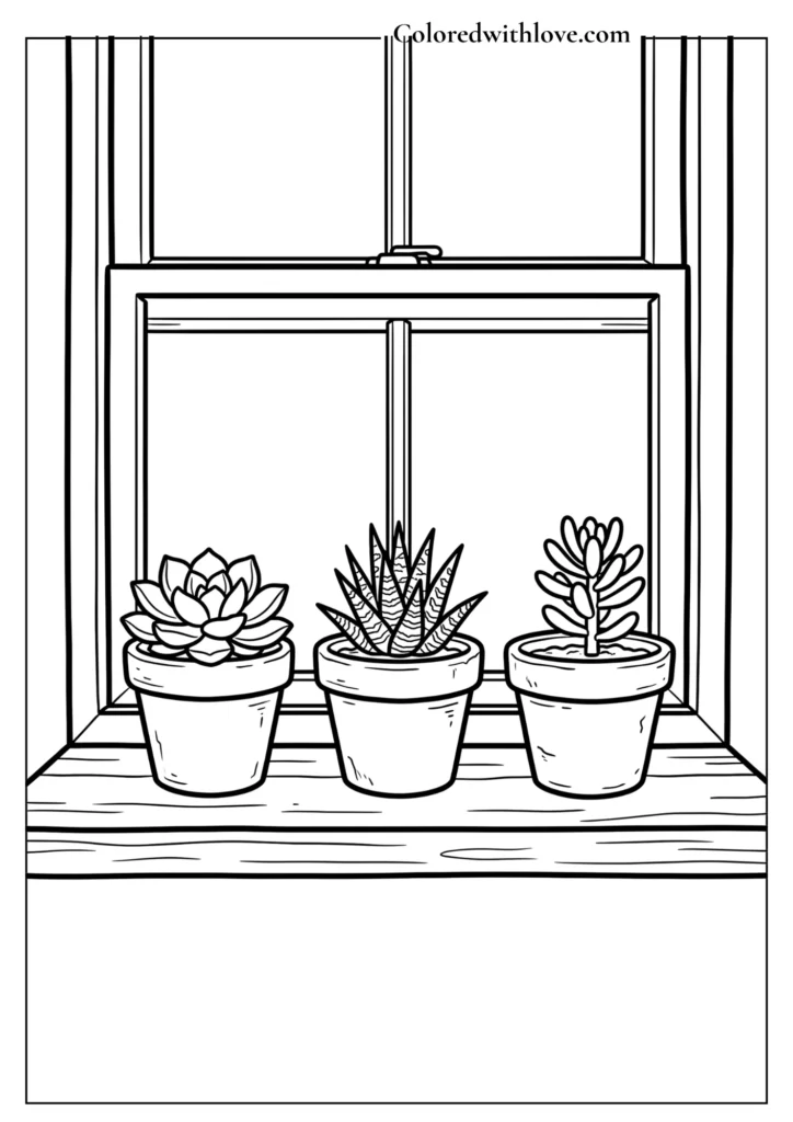Simple succulents in clay pots on a sunny windowsill minimalist coloring page.