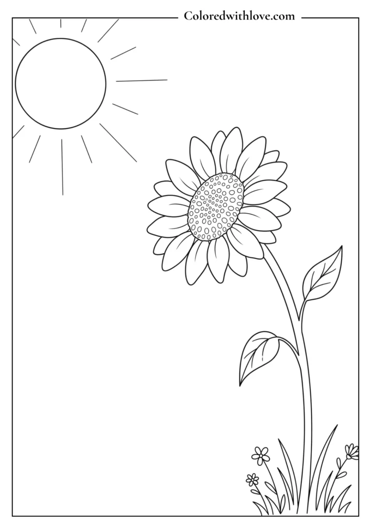 Modern sunflower leaning toward a simple sun line art coloring page for adults.