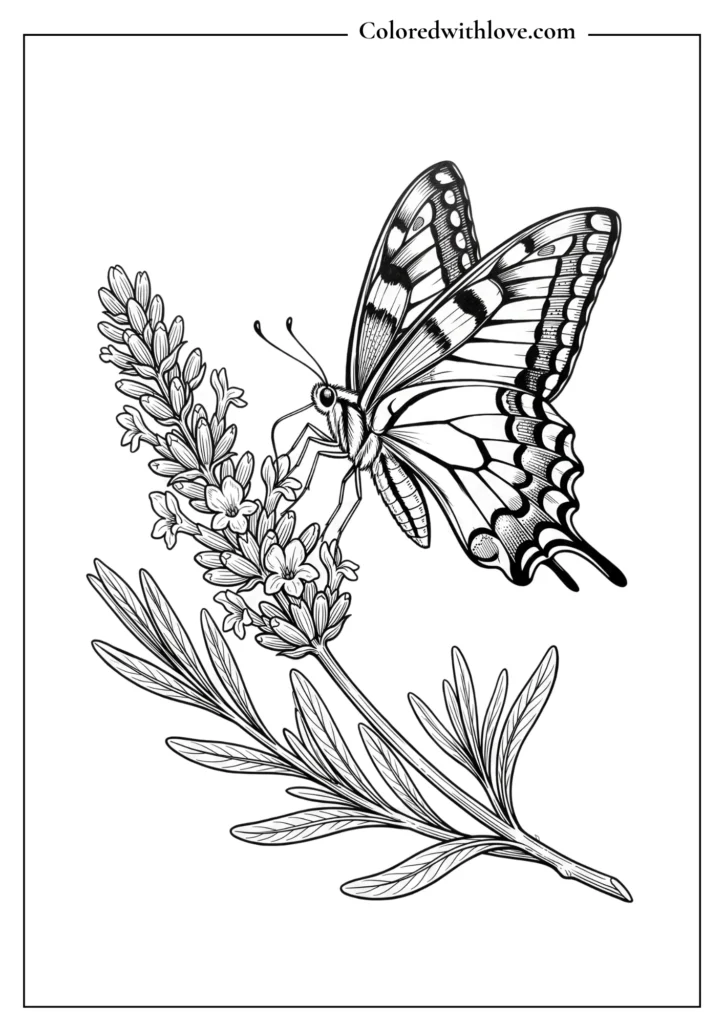 Elegant swallowtail butterfly feeding on lavender sprigs, botanical line art coloring sheet.